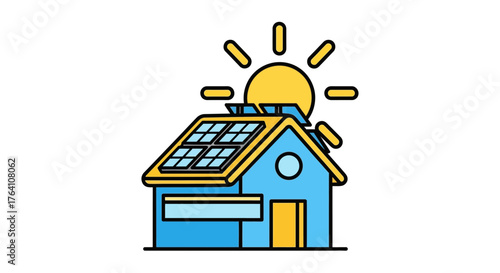 Cartoon House with Solar Panels and Bright Sun Illustration.