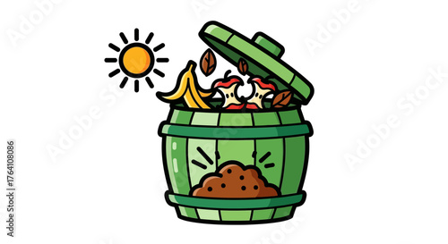 Cartoon Illustration of a Green Trash Can with Food Waste.