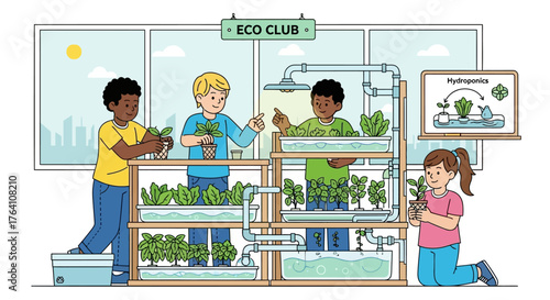 Children Working Together in Eco Club with Hydroponic System.