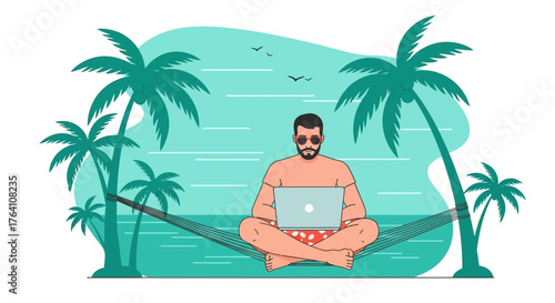 Illustration of a man working on a laptop while relaxing in a hammock on the beach
