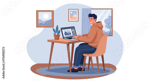 Illustration of a man working on his laptop at a desk in a cozy home environment