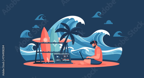Illustration of a man working on his laptop on a tropical island with surfboards