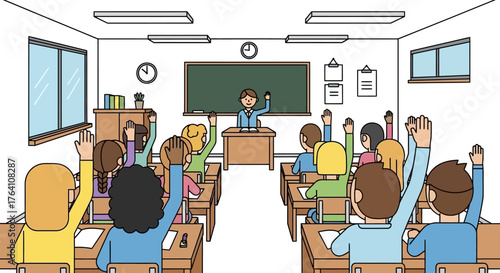 Classroom scene with students raising hands and a teacher at the blackboard.