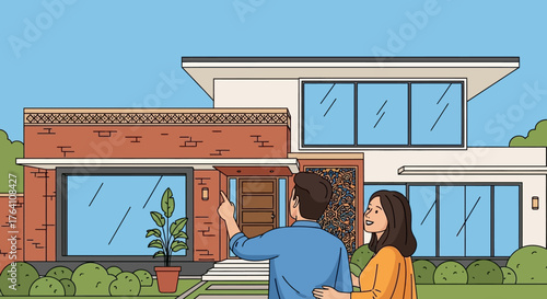 Couple admiring their modern twostory house with large windows and brick accents.