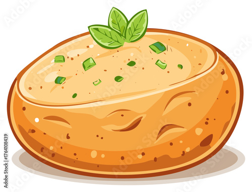 Stylized illustration of a baked potato filled with creamy mashed potato and topped with fresh green herbs