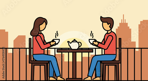 Couple Enjoying Hot Drinks on City Balcony at Sunset.