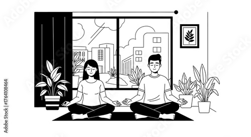 Couple Meditating in Lotus Position Indoors with City View Illustration.