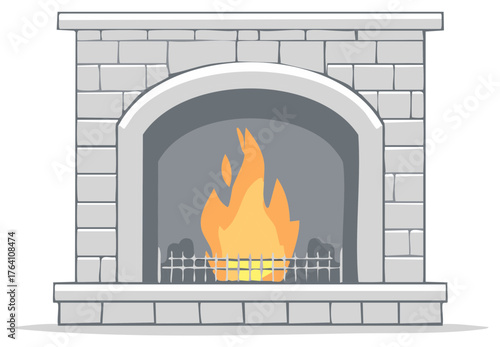 Cozy brick fireplace with warm flames vector illustration