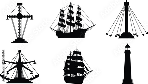 Amusement park rides and vintage sailing ships with lighthouse silhouette, maritime theme, adventure, fun, entertainment, nautical elements, vector illustration, design