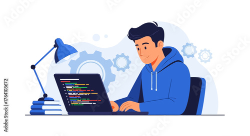 Illustration of a programmer working on his laptop, coding software and applications