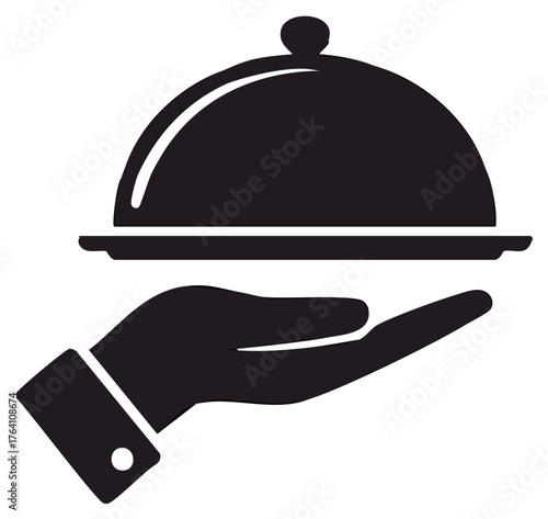 Black silhouette of a hand holding a covered dish representing food service and hospitality