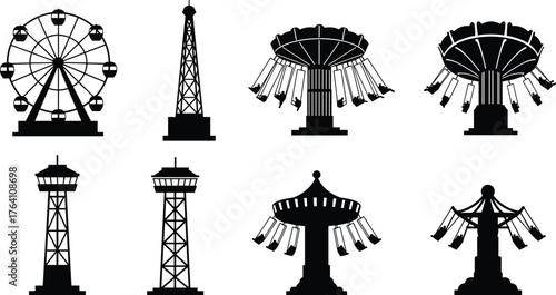 Amusement park rides silhouette collection including ferris wheel, swing carousel, observation tower, carnival attractions vector illustration for graphic design projects