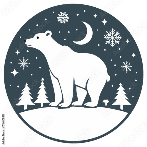 White polar bear in a winter night landscape with snow trees moon and falling snowflakes