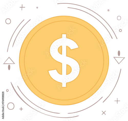 Golden Coin with Dollar Sign Surrounded by Graphic Elements Minimalist Style
