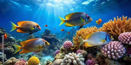 Fototapeta Naklejka Na Ścianę i Meble -  Vibrant Reef Fish Swimming Amongst Coral and Sunbeams in a Serene Underwater Paradise