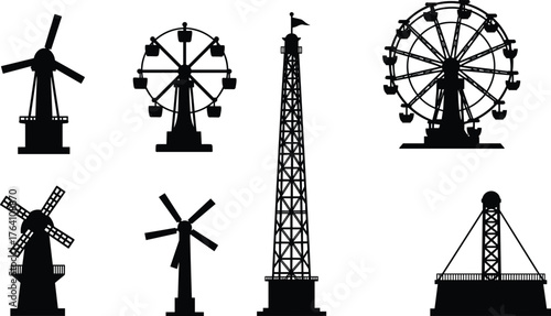 Amusement park rides and windmill silhouettes collection, ferris wheel, tower ride, pendulum attraction, vector illustration for design projects