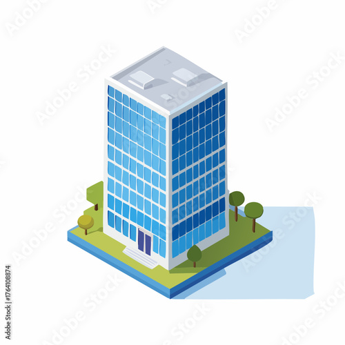 Isometric Office Building with Blue Glass Windows and Green Trees