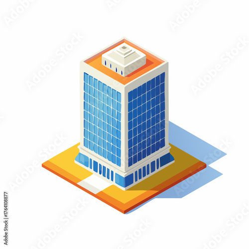 Isometric vector of a modern office building. Sleek blue glass facade, minimalist design, subtle depth shadows. Perfect for urban planning, business, and digital cityscapes