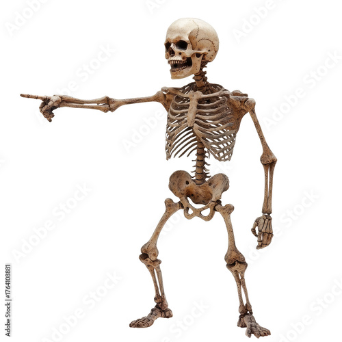 A skeletal figure in a dynamic pose, pointing to the left with one hand.