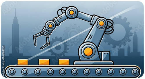 Cartoon robotic arm assembling product on conveyor belt, representing manufacturing automation, industrial production, and modern technology