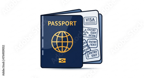 Passport with visa stamps, , representing international travel, immigration, tourism, and identity verification