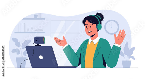 Illustration of a woman with headphones using a laptop for a video conference call