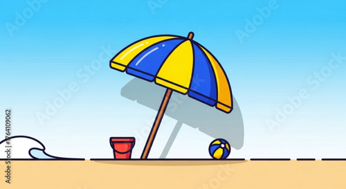 Beach scene with umbrella, bucket, and ball, , representing summer vacation, relaxation, and seaside fun