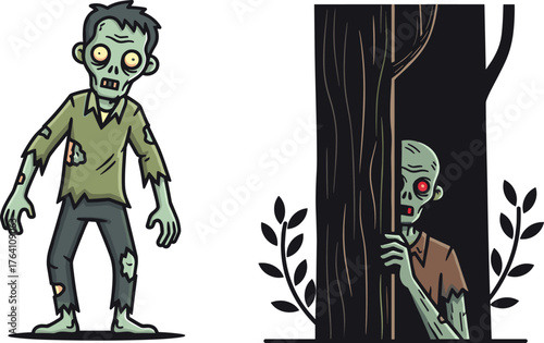 Creepy cartoon zombies hiding behind tree, horror illustration showing scary undead monster in dark forest scene for Halloween and apocalypse theme