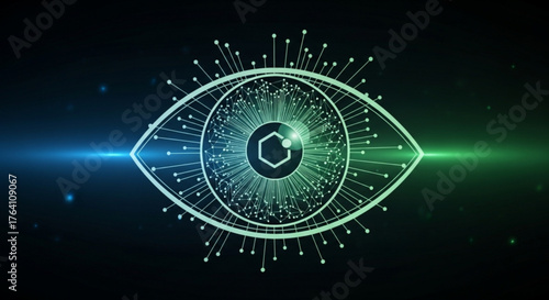 Futuristic eye with digital lines and glowing light, symbolizing advanced technology, artificial intelligence, and biometric identification