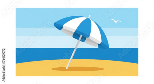 Illustration of a beach scene with a blue and white striped umbrella, sand, sea, sky, and a seagull, perfect for summer vacation themes