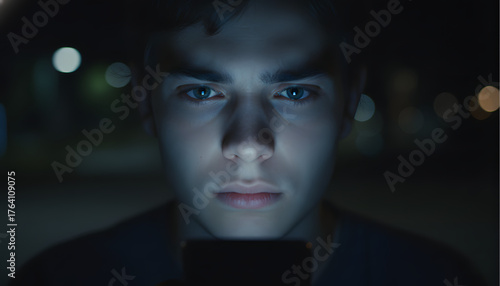Close-up of a young person's face illuminated by the blue light of a smartphone screen, intense focus in their eyes