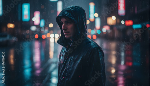 A hooded man stands on a wet city street at night. Vibrant blurred urban lights reflect on the rainy pavement, evoking quiet contemplation and urban solitude