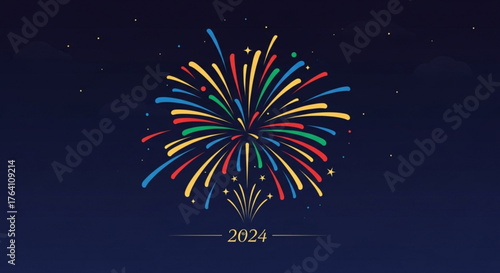 Colorful firework display against a dark blue night sky, celebrating the arrival of the year 2024 with festive cheer and vibrant illumination