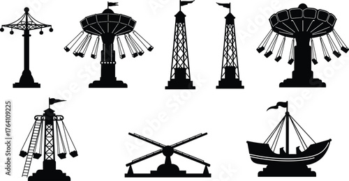 Amusement park rides vector silhouettes, carnival swing ride, ferris wheel, pirate ship attraction illustration, funfair adventure entertainment, theme park design