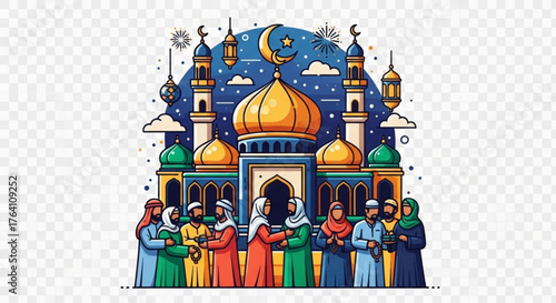 A vibrant illustration of a mosque with people celebrating a religious holiday isolated on a transparent background, perfect for cultural events