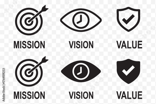 Mission Vision Values of company icon set, Success symbol isolated Organization mission flat simple info graphics design template. Colorful icons. Target, Eye Star and Badge. EPS 10.