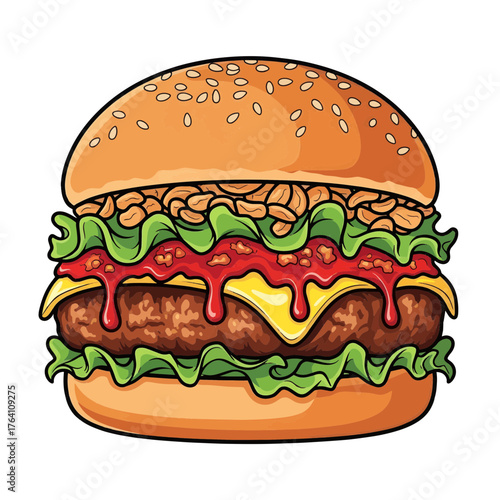 Deliciously Crafted Classic Beef Burger with Melted Cheese, Crisp Lettuce, and Zesty Toppings