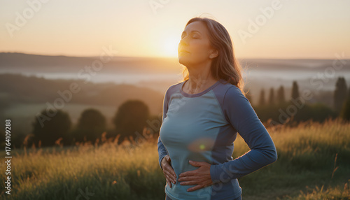 Serene mature woman practicing deep breathing exercises and mindfulness at sunrise in a beautiful, tranquil landscape