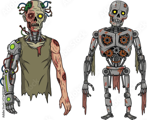 Creepy zombie cyborg and skeleton robot illustration, futuristic undead machine creatures, horror sci-fi concept art, post-apocalypse fantasy design