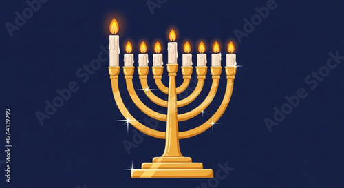 Illustration of a golden hanukkah menorah with nine lit candles against a dark blue background, symbolizing the jewish festival of lights and tradition