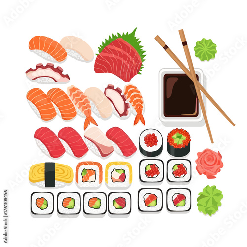 Delicious assortment of traditional Japanese sushi and sashimi with various ingredients illustration
