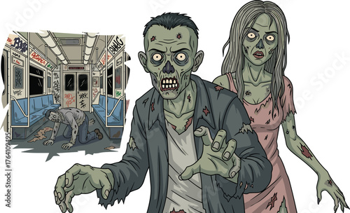 Scary cartoon zombies attacking in subway train, creepy horror illustration with undead monsters, apocalypse scene perfect for Halloween and spooky artwork themes