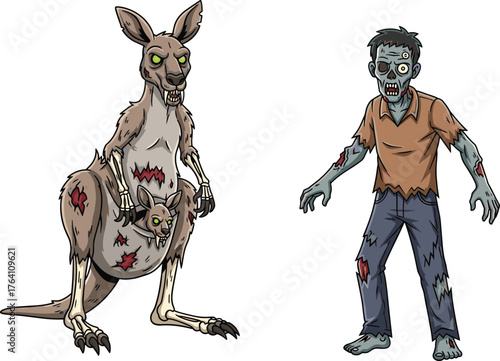 Scary zombie man and terrifying zombie kangaroo with creepy glowing eyes, horror creature illustration, Halloween monster design, undead apocalypse art
