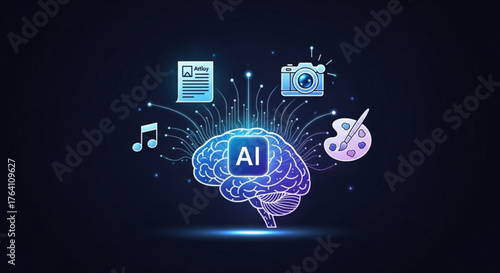 Artificial intelligence brain with creative tools, camera, music, file, and color palette, symbolizing ais role in content creation and design