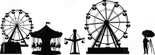 Amusement park silhouette with ferris wheel, carousel, swing ride, person with umbrella, funfair carnival vector illustration, outdoor festival design