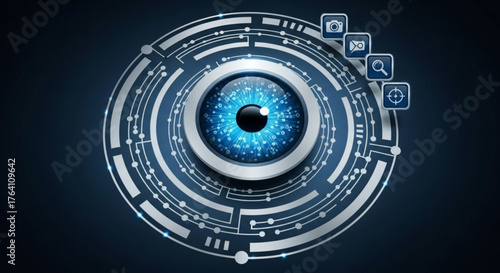 Futuristic eye with digital technology elements, representing advanced surveillance, security, and the integration of technology with human vision