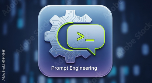 Prompt engineering icon with gear and speech bubble on blue background, representing the process of designing effective prompts for ai models