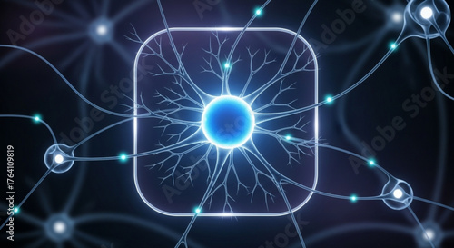 Illustration of a neuron cell with connections, representing the concept of neural networks, deep learning, and artificial intelligence on dark background