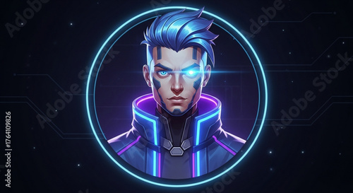 Futuristic cybernetic man with glowing blue eyes and neon accents, embodying advanced technology and digital identity in a sleek, modern design
