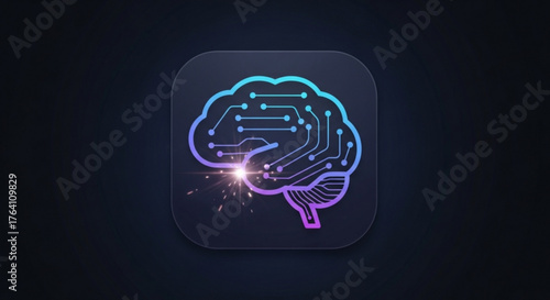 Artificial intelligence brain icon with circuit board pattern, symbolizing neural networks and machine learning in a sleek, modern design